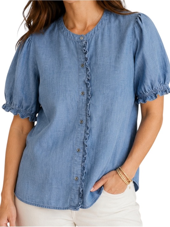 J. Crew Tops - J.Crew Chambray Blue Preppy Ruffle Puff Sleeve Button Front Cotton Blouse Large